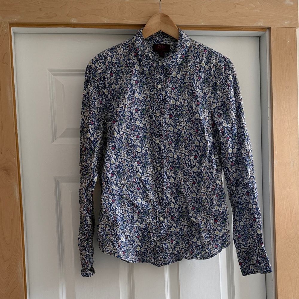 J. Crew Navy Floral Button-Down Shirt with White and Pink Flowers